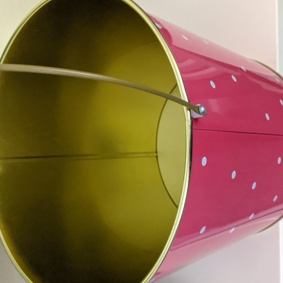 Lg Easter Metal Pail Pink Gold Polkadot Happy Easter Basket Roomy Egg Hunt - Picture 3 of 4